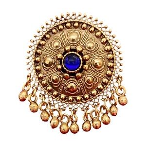 Indian Embellished Gold Tone Antique Jhumka Blue Stone Sari Saree Pin Brooch